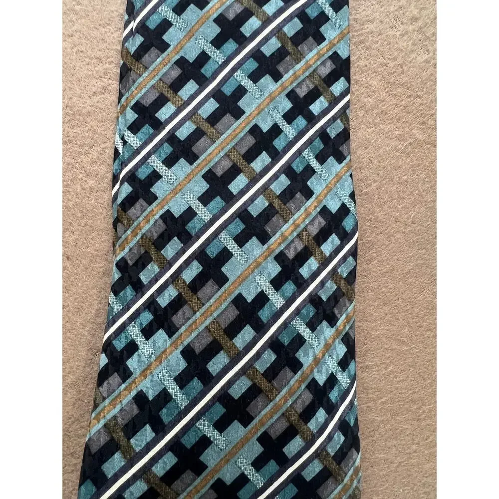 Christian Dior Monsieur Diffusion Line Geometric Green, Teal, Brown & Black Tie